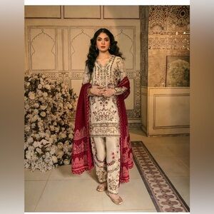 Elegant Long Sleeve Embroidered Dress with Red Accents